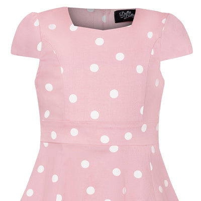 Kid's Retro Polka Dot Swing Dress in Baby Pink and White with sleeves
