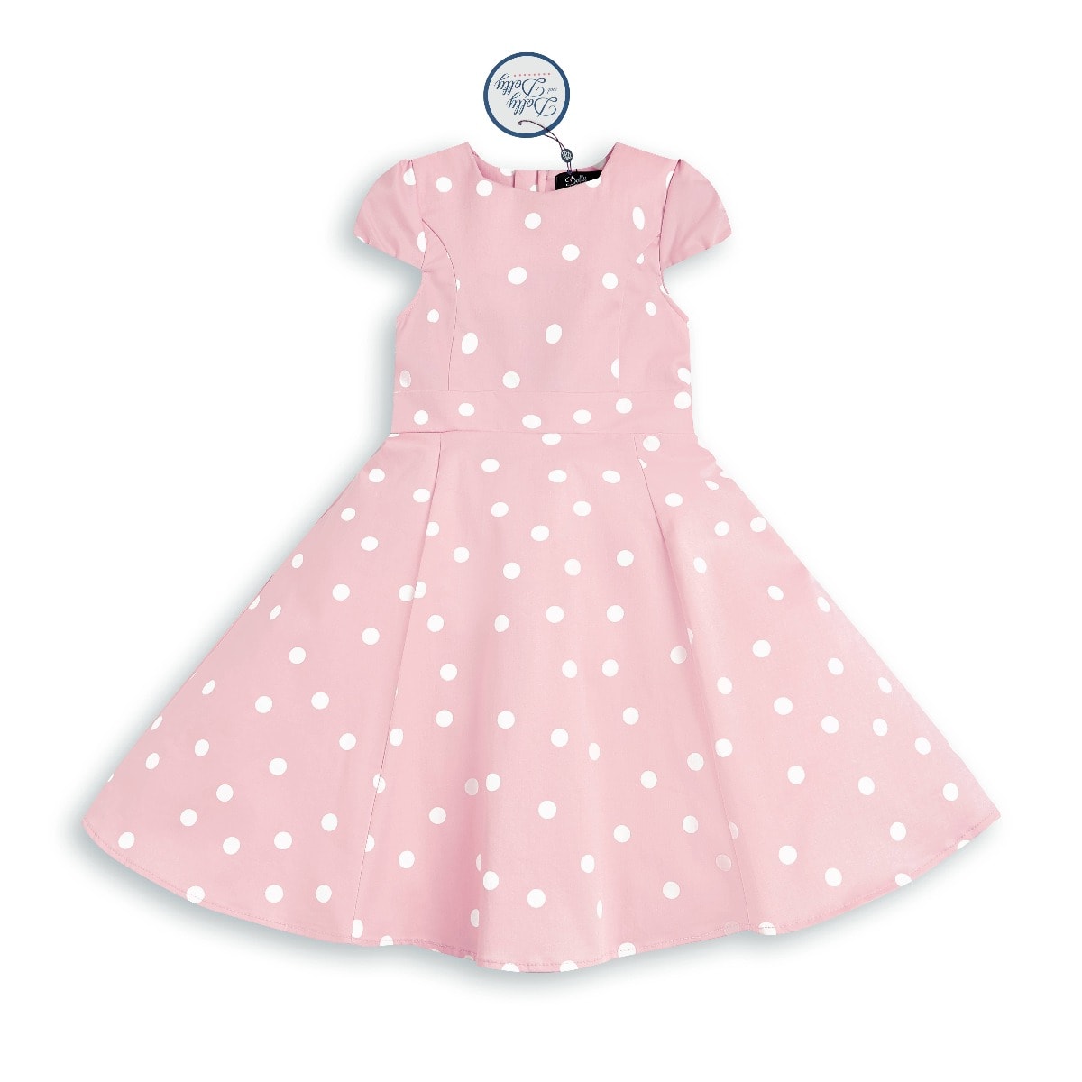Kid's Retro Polka Dot Swing Dress in Baby Pink and White with sleeves

