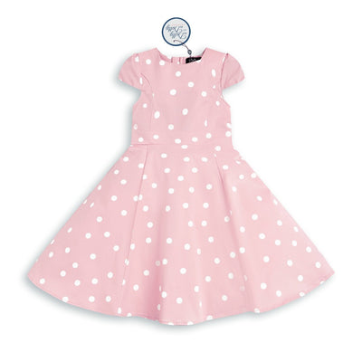 Kid's Retro Polka Dot Swing Dress in Baby Pink and White with sleeves
