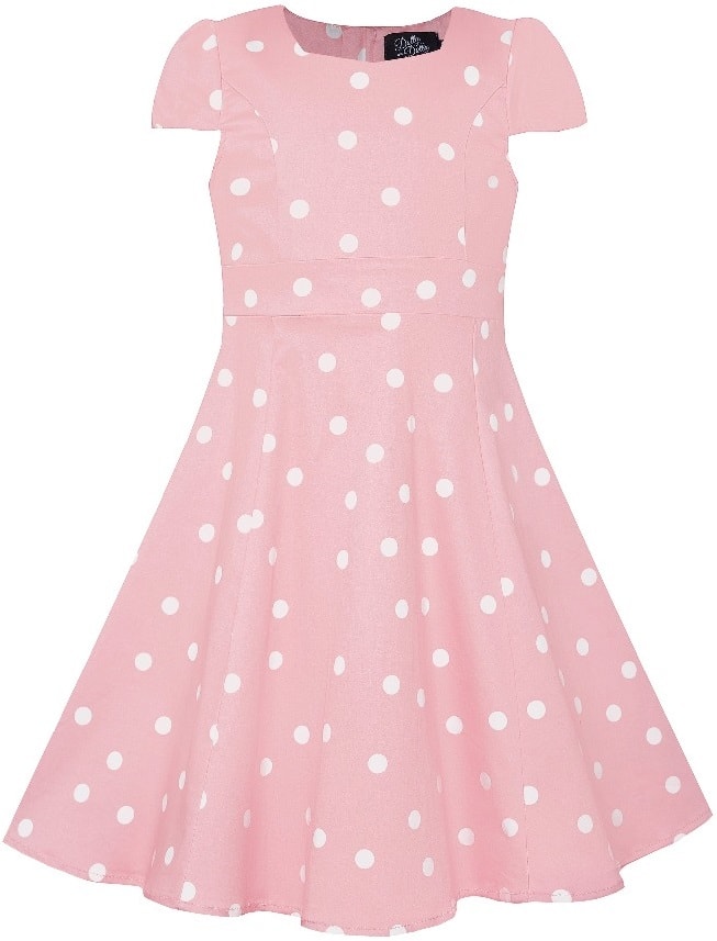 Kid's Retro Polka Dot Swing Dress in Baby Pink and White with sleeves
