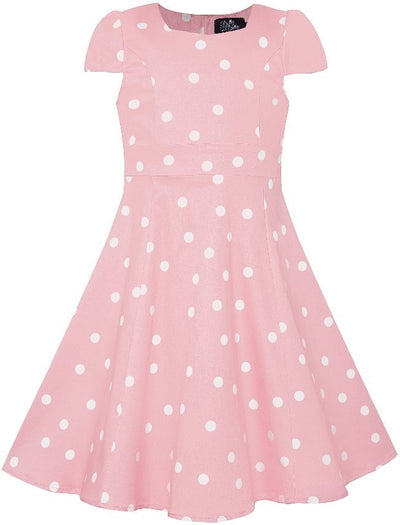 Kid's Retro Polka Dot Swing Dress in Baby Pink and White with sleeves

