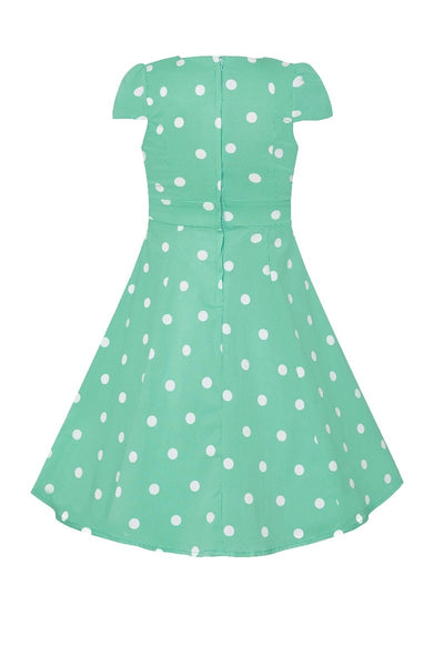 Kid's Retro Polka Dot Swing Dress in Mint and White with sleeves