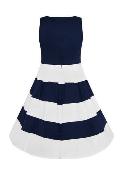 Vintage Inspired  Kid's Swing Dress in Navy Blue with Big White Stripes
