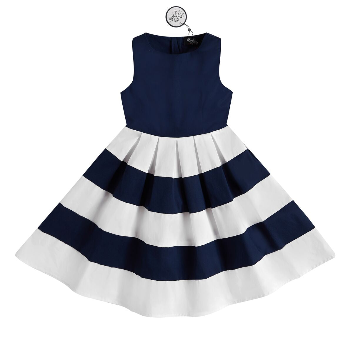 Vintage Inspired  Kid's Swing Dress in Navy Blue with Big White Stripes

