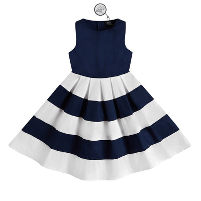 Vintage Inspired  Kid's Swing Dress in Navy Blue with Big White Stripes
