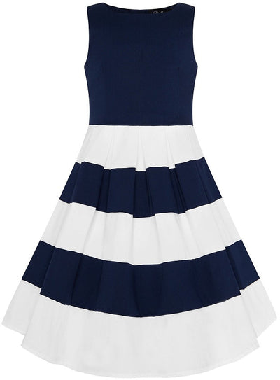 Vintage Inspired  Kid's Swing Dress in Navy Blue with Big White Stripes
