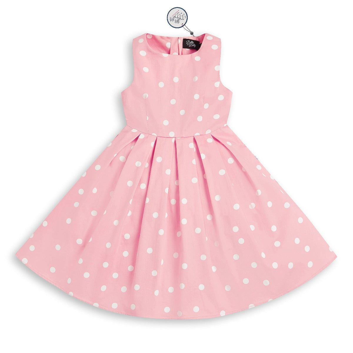 Kid's Vintage Polka Dot Sleeveless Swing Dress in Baby Pink and White
