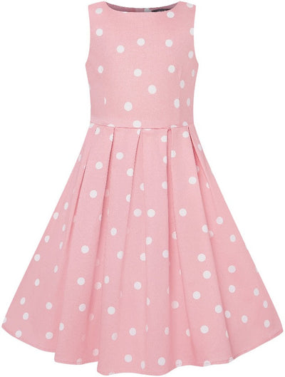 Kid's Vintage Polka Dot Sleeveless Swing Dress in Baby Pink and White
