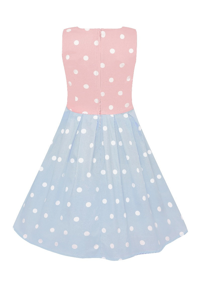 Kid's Vintage Polka Dot Sleeveless Swing Dress in Baby Pink and White Top with Blue and White Skirt

