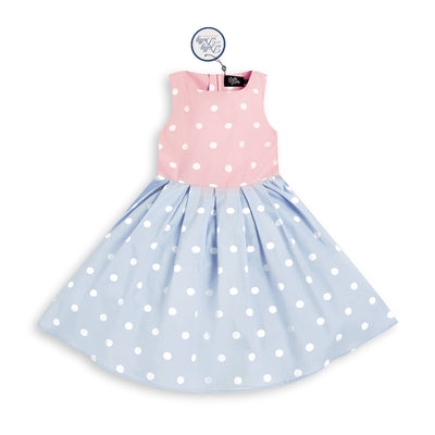 Kid's Vintage Polka Dot Sleeveless Swing Dress in Baby Pink and White Top with Blue and White Skirt

