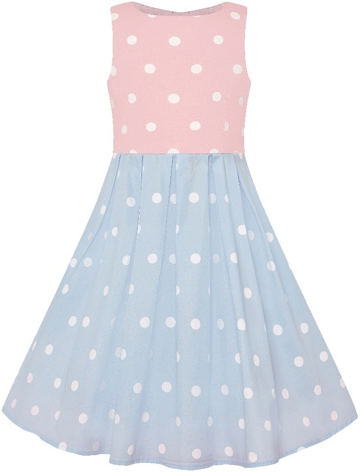 Kid's Vintage Polka Dot Sleeveless Swing Dress in Baby Pink and White Top with Blue and White Skirt
