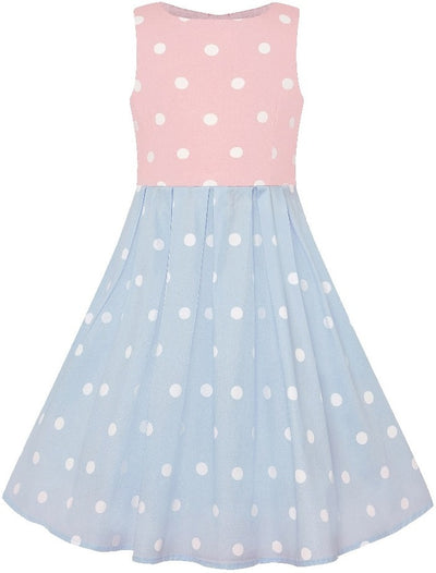 Kid's Vintage Polka Dot Sleeveless Swing Dress in Baby Pink and White Top with Blue and White Skirt
