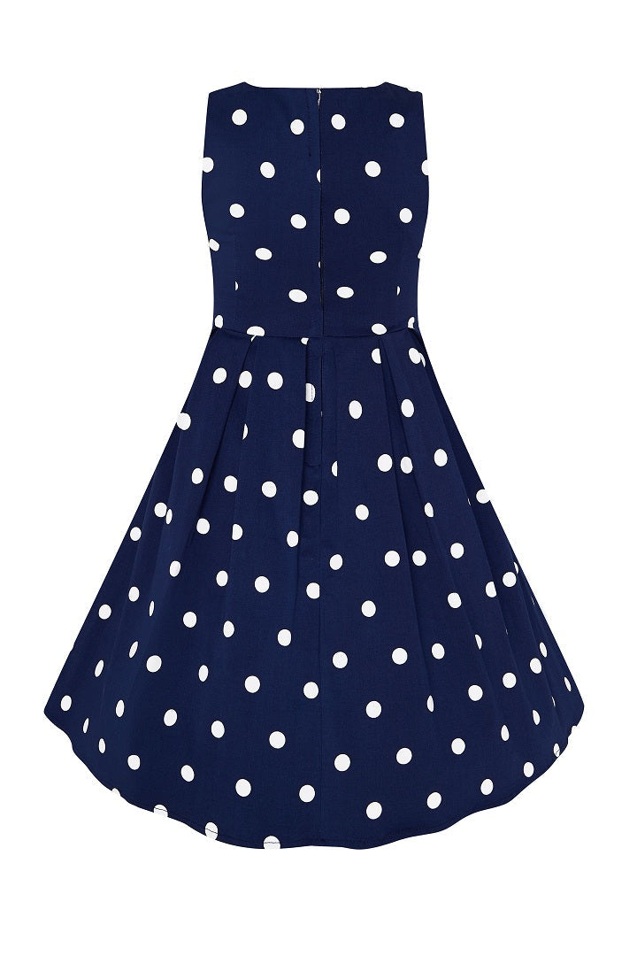 Vintage Inspired Polka Dot Kid's Swing Dress in Navy Blue and White Dots
