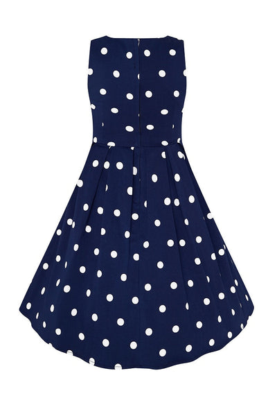 Vintage Inspired Polka Dot Kid's Swing Dress in Navy Blue and White Dots
