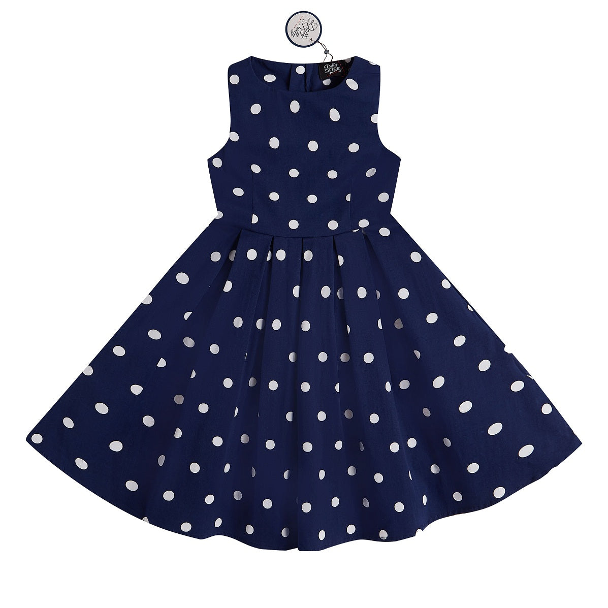 Vintage Inspired Polka Dot Kid's Swing Dress in Navy Blue and White Dots
