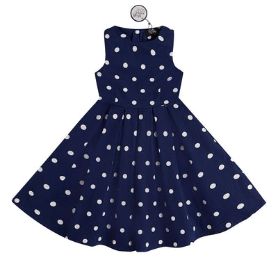 Vintage Inspired Polka Dot Kid's Swing Dress in Navy Blue and White Dots

