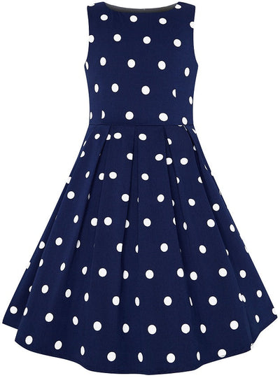 Vintage Inspired Polka Dot Kid's Swing Dress in Navy Blue and White Dots
