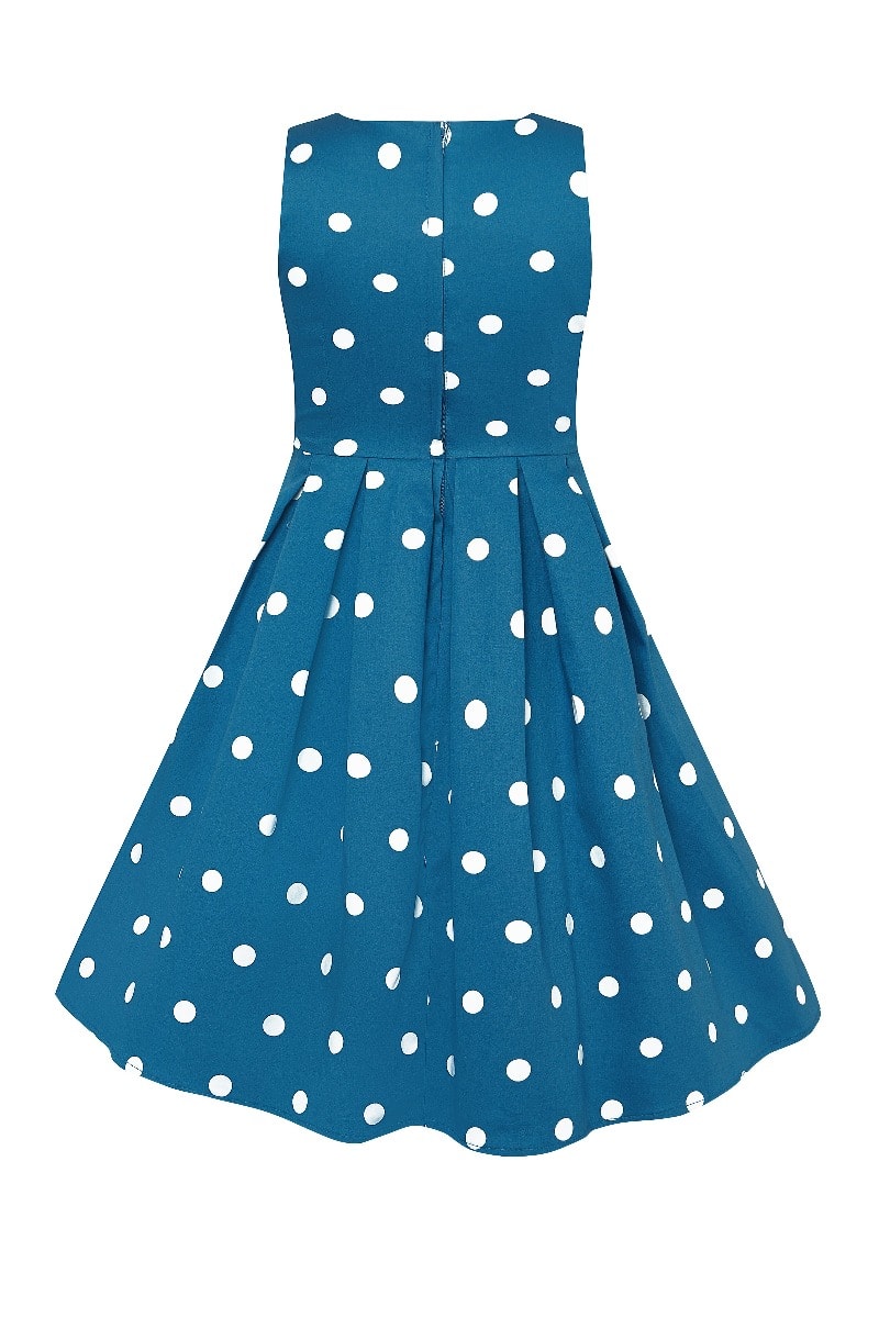 Kid's Vintage Polka Dot Sleeveless Swing Dress in Petrol and White
