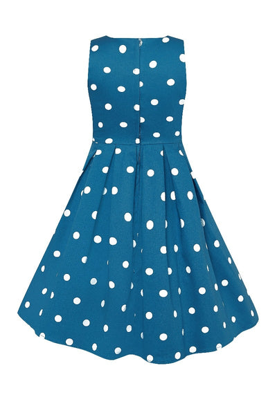 Kid's Vintage Polka Dot Sleeveless Swing Dress in Petrol and White
