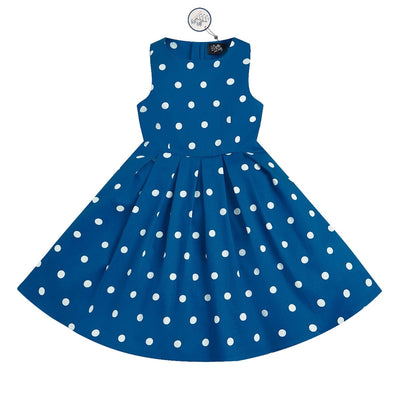 Kid's Vintage Polka Dot Sleeveless Swing Dress in Petrol and White
