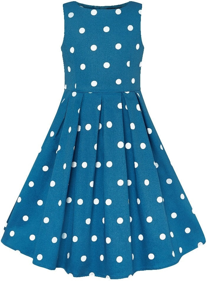 Kid's Vintage Polka Dot Sleeveless Swing Dress in Petrol and White
