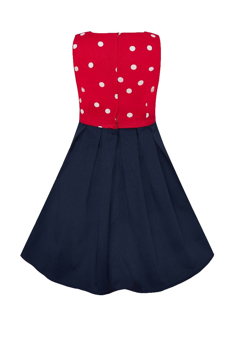 Kid's Vintage Polka Dot Sleeveless Swing Dress in Red and White Top with Navy Skirt
