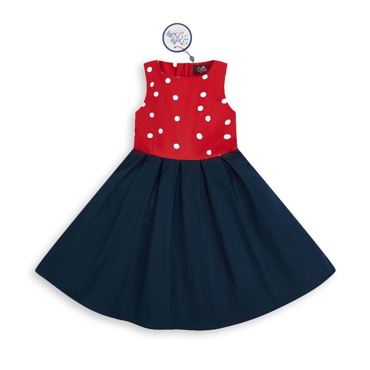 Kid's Vintage Polka Dot Sleeveless Swing Dress in Red and White Top with Navy Skirt

