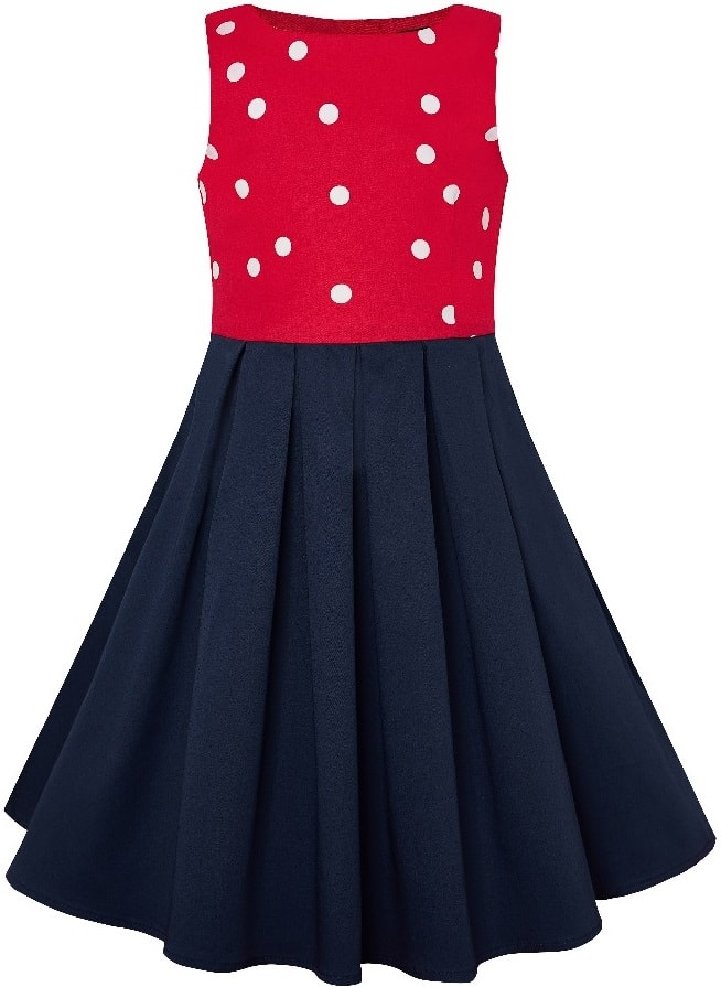 Kid's Vintage Polka Dot Sleeveless Swing Dress in Red and White Top with Navy Skirt
