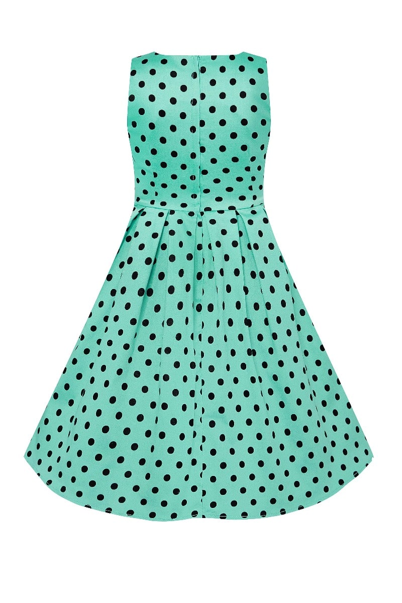 Kid's Vintage Polka Dot Sleeveless Swing Dress in Turquoise and Black
