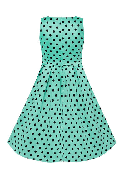 Kid's Vintage Polka Dot Sleeveless Swing Dress in Turquoise and Black
