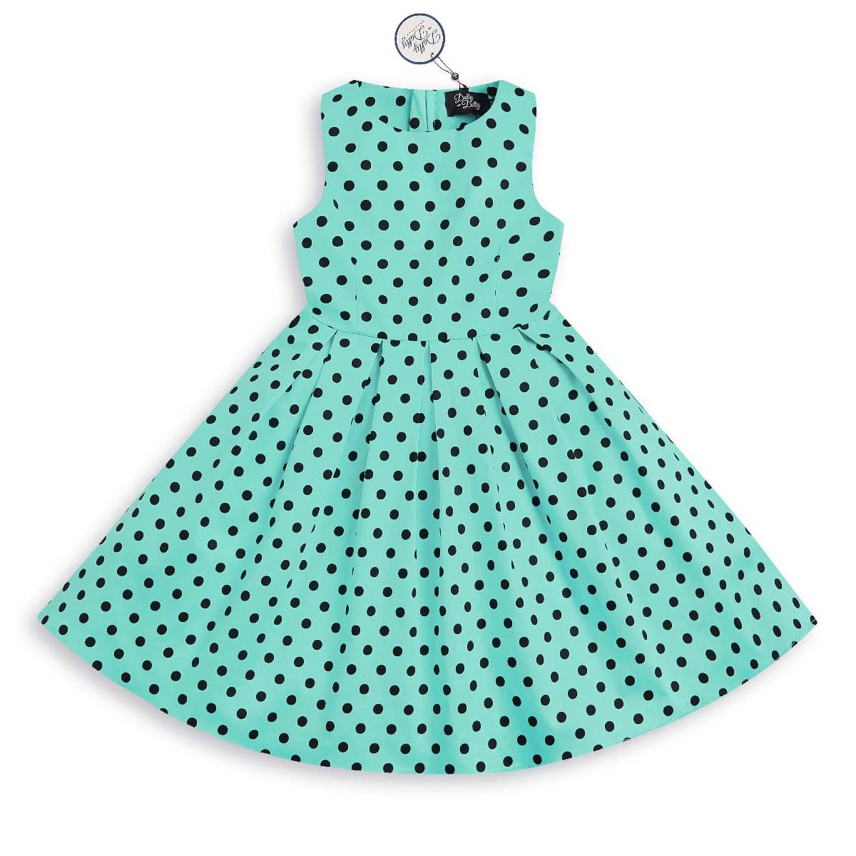Kid's Vintage Polka Dot Sleeveless Swing Dress in Turquoise and Black
