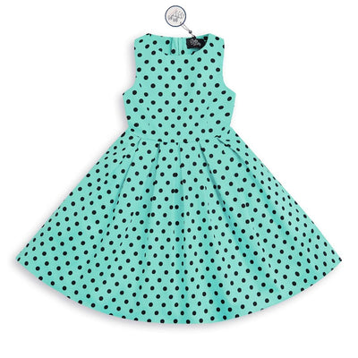 Kid's Vintage Polka Dot Sleeveless Swing Dress in Turquoise and Black
