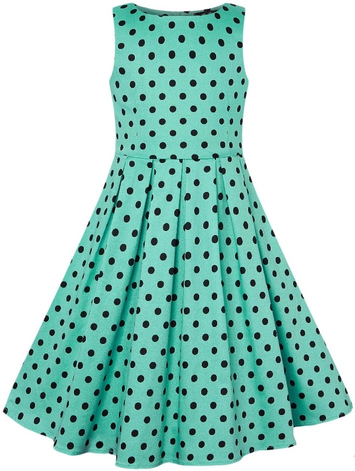 Kid's Vintage Polka Dot Sleeveless Swing Dress in Turquoise and Black

