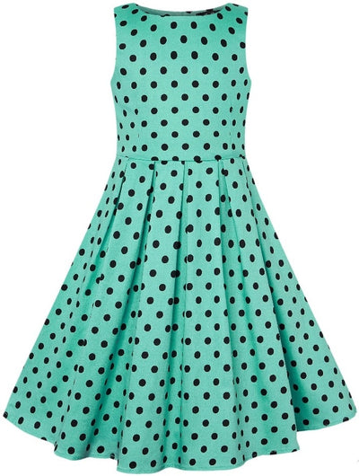 Kid's Vintage Polka Dot Sleeveless Swing Dress in Turquoise and Black
