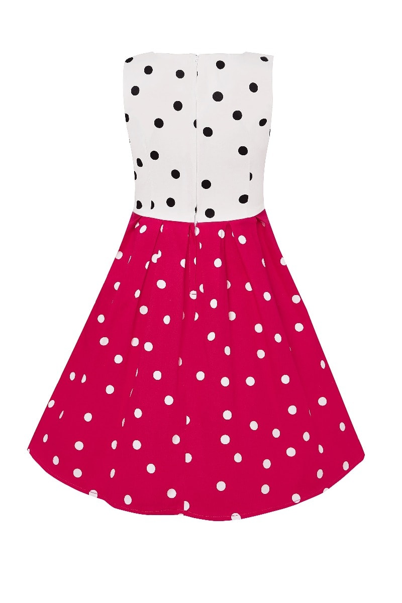 Kid's Vintage Polka Dot Sleeveless Swing Dress in White and Black Top with Hot Pink Skirt
