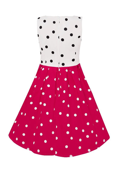 Kid's Vintage Polka Dot Sleeveless Swing Dress in White and Black Top with Hot Pink Skirt
