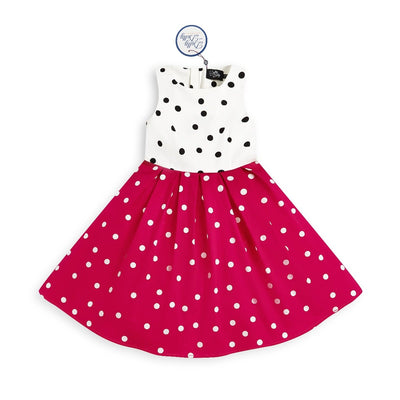 Kid's Vintage Polka Dot Sleeveless Swing Dress in White and Black Top with Hot Pink Skirt
