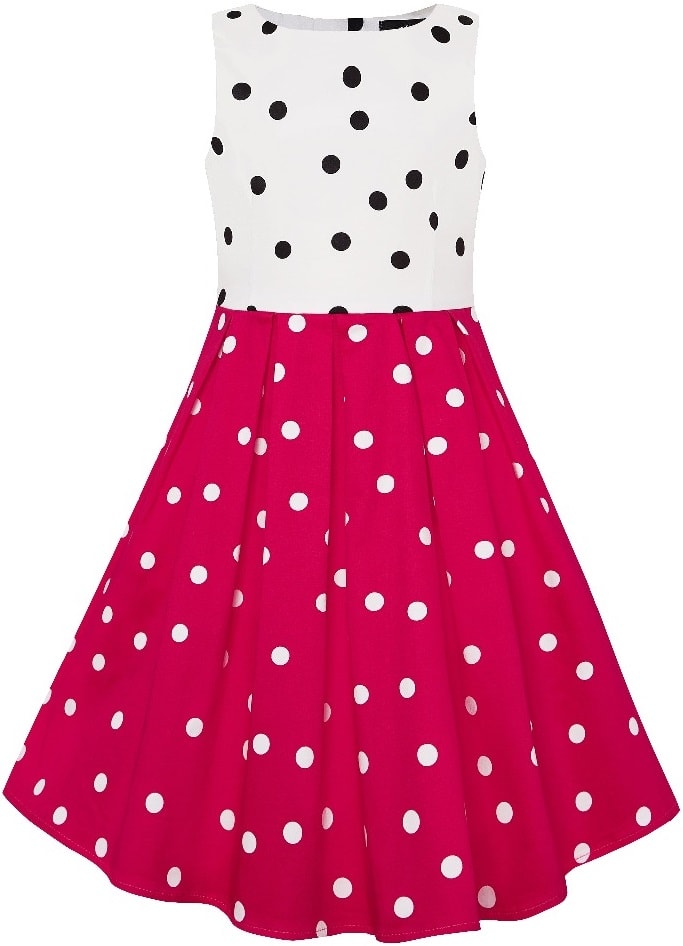 Kid's Vintage Polka Dot Sleeveless Swing Dress in White and Black Top with Hot Pink Skirt
