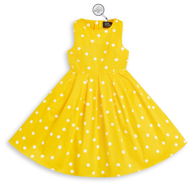 Kid's Vintage Polka Dot Sleeveless Swing Dress in Yellow and White
