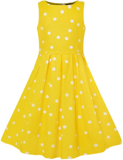 Kid's Vintage Polka Dot Sleeveless Swing Dress in Yellow and White
