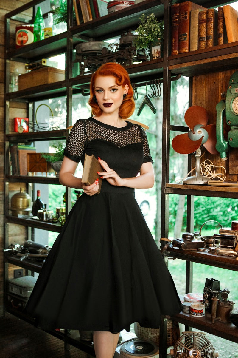 Lace Short Sleeved Dress in Black