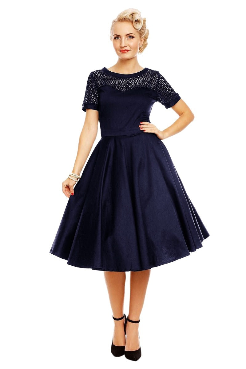 Lace Short Sleeved Dress in Navy Blue