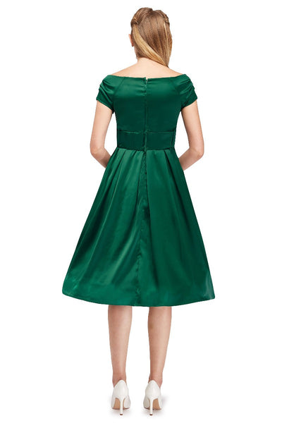 Lily Off Shoulder 50s  Satin Evening Dress in Emerald Green
