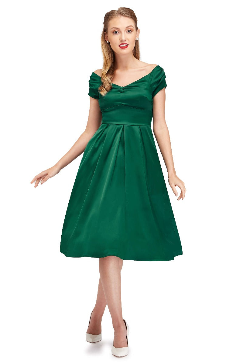 Lily Off Shoulder 50s  Satin Evening Dress in Emerald Green