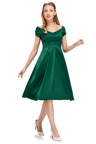 Lily Off Shoulder 50s  Satin Evening Dress in Emerald Green