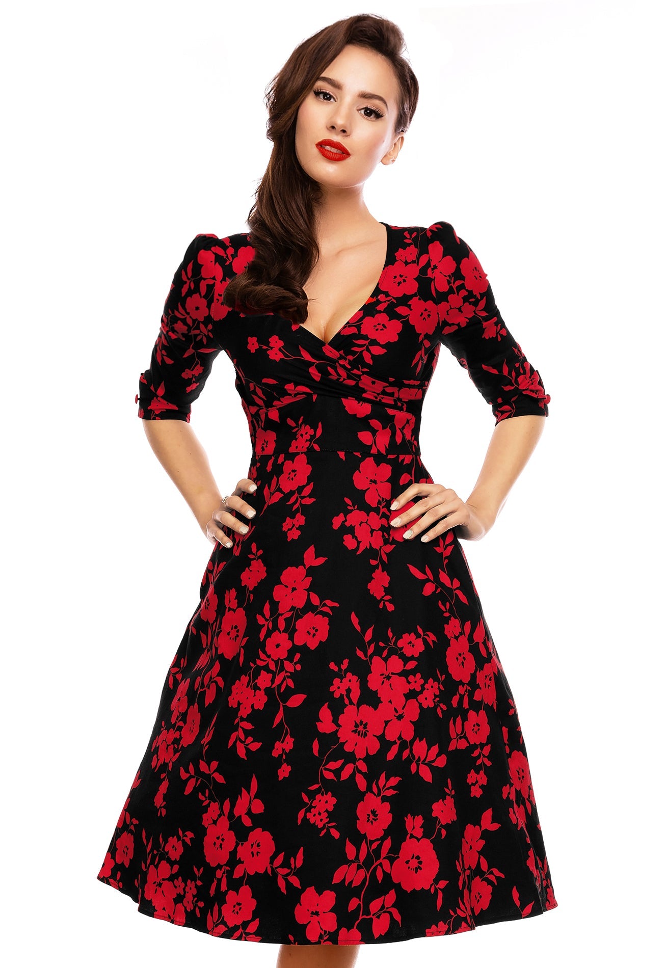 Long Sleeve 50's Style Swing Dress in Black-Red Floral