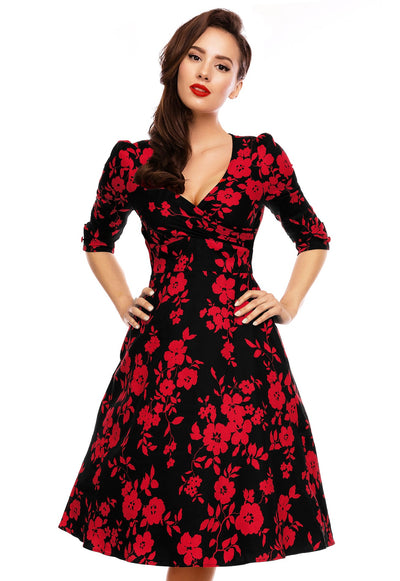 Long Sleeve 50's Style Swing Dress in Black-Red Floral