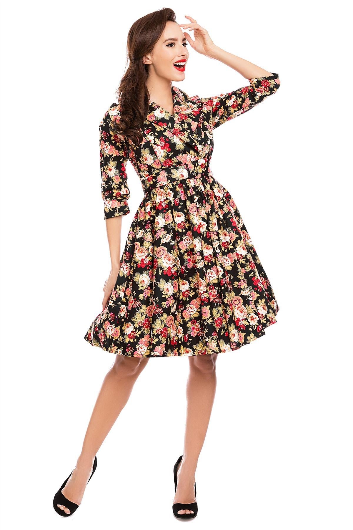 Long Sleeve 50's Vintage Dress in Black-Pink Floral
