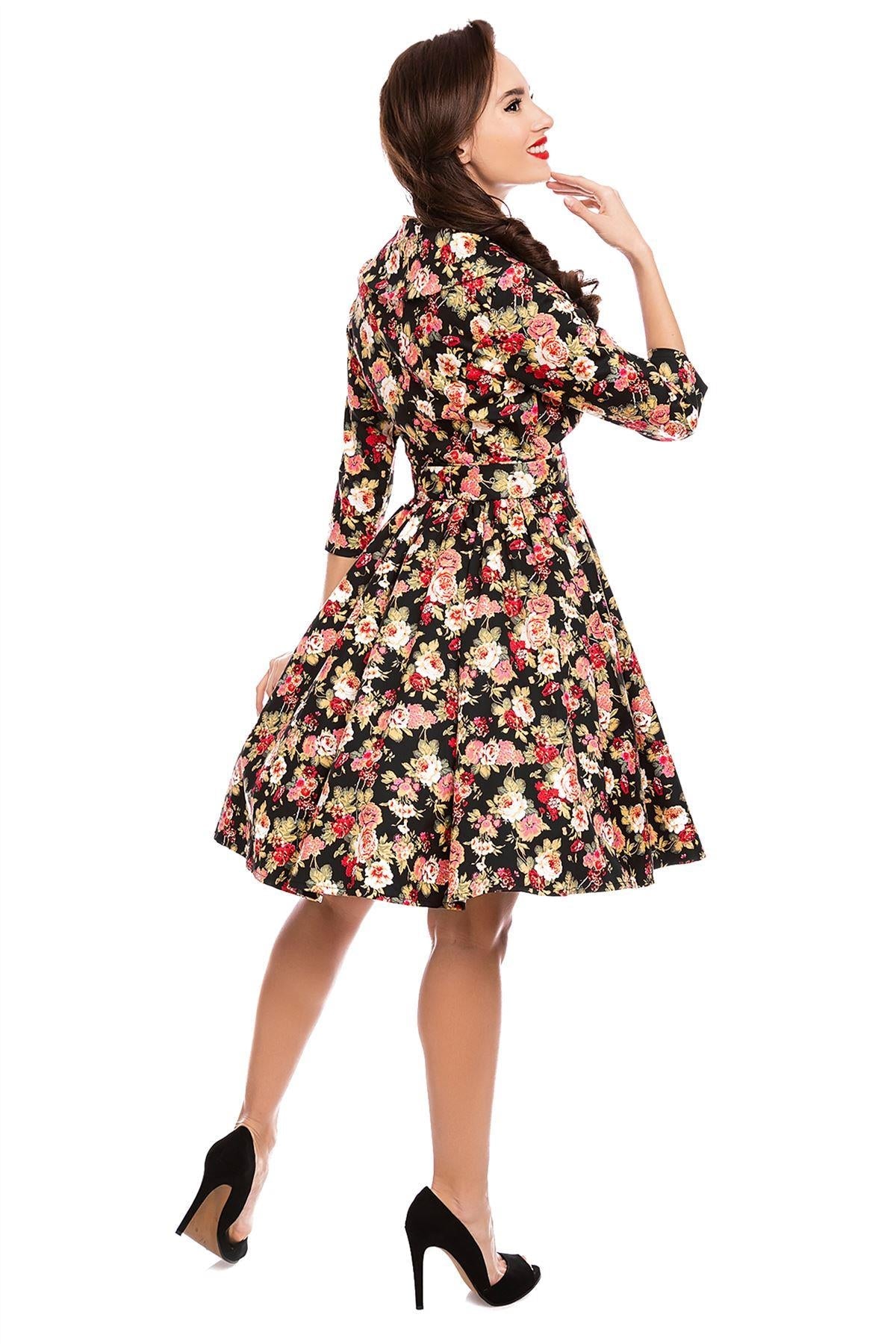 Long Sleeve 50's Vintage Dress in Black-Pink Floral