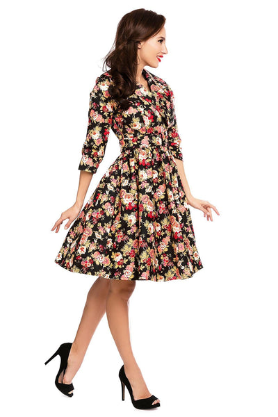 Long Sleeve 50's Vintage Dress in Black-Pink Floral